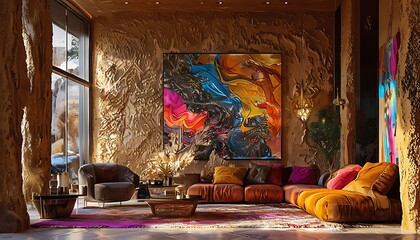 luxurious living room textured walls colorful artwork and cozy rug