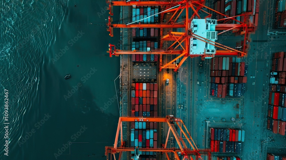 Aufkleber container ship at the dock with containers being loaded/unloaded during the day.