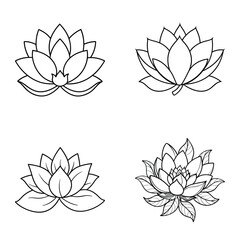 A set  of  line art drawing lotus with leaves and a flower on it vector illustration icon set
