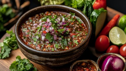 Fresh and Colorful Salsa with Vegetables and Herbs in a Rustic Bowl Surrounded by a Variety of Fresh Ingredients on a Dark Background
