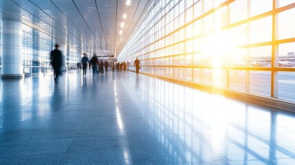 Busy airport terminal corridor with travelers moving towards bright sunlight through large windows