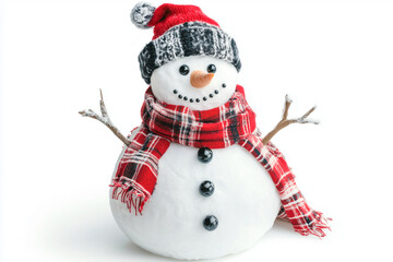 Cheerful snowman with plaid scarf and red hat