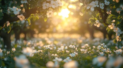 Obraz premium Serene Spring Garden with Blossoming Trees and Sunlight Filtering Through Foliage Creating a Tranquil Atmosphere Perfect for Nature Photography