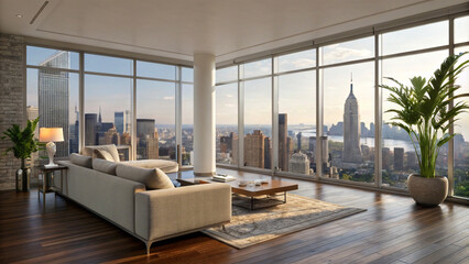 a modern cozy penthouse luxury living room with large windows view the interior design at the morning, AI