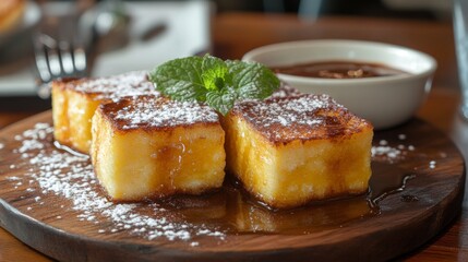 Deliciously Golden Fried Custard Squares Served with Chocolate Sauce and Fresh Mint Garnish on a Rustic Wooden Plate