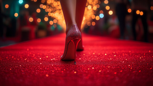 Elegant high heels placed on a red carpet at a glamorous event, symbolizing sophistication, luxury, and success in a luxurious setting filled with anticipation and exclusivity