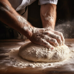 the chef's hands knead the dough,. 