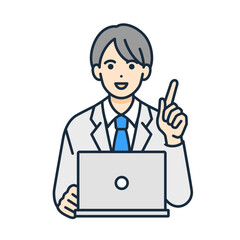 指差しする男の子。学校でノートパソコンを使い学ぶ男子高生のベクター素材。