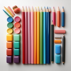 Fototapeta premium An arrangement of colored pencils, markers, and erasers are placed in a row on a minimalist white background