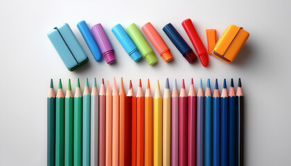 Fototapeta premium An arrangement of colored pencils, markers, and erasers are placed in a row on a minimalist white background