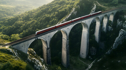 aerial: train going uphill and crossing a viaduct in the french massif central highlighted by...