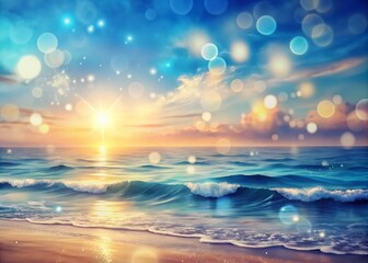 Dreamy Seascape with Hand-Drawn Blue Light Rays and Bokeh Effect Capturing the Essence of the Coastline Under a Serene Sky
