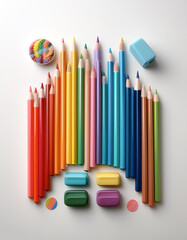 Obraz premium An arrangement of colored pencils, markers, and erasers are placed in a row on a minimalist white background