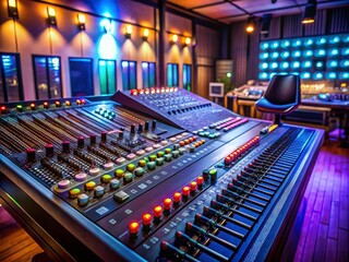 Fototapeta premium Dynamic Black Music Control Console with Buttons and Sliders in a Studio Setting, Showcasing the Essence of Sound Engineering and Music Production Techniques for Creative Professionals