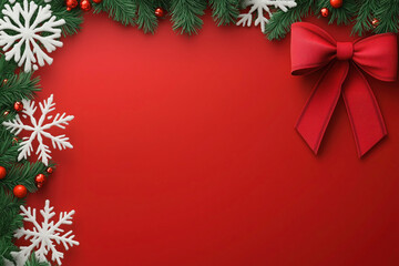 Christmas frame with red bow and green pine branches