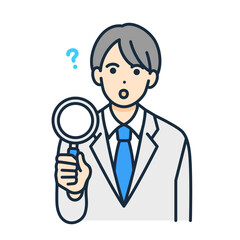 ルーペで何かを探す男子高生。疑問を調査する男の子のベクターイラスト素材。