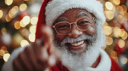 Joyful African American Santa Claus pointing forward