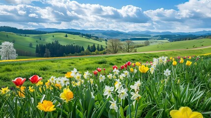 Fototapeta premium A lush green field dotted with colorful tulips and daffodils, framed by distant rolling hills.