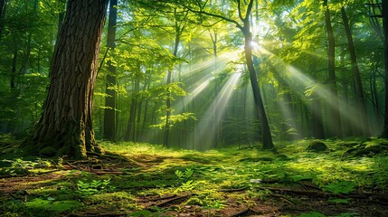 Obraz premium A peaceful spring morning in a forest with sunlight streaming through young, fresh leaves.