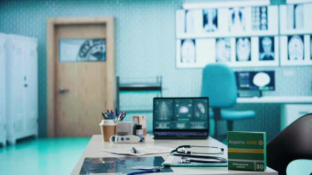 Spacious and empty healthcare office with modern medical equipment, designed for patient care and treatment. Emphasizing the importance of examinations with a stethoscope.