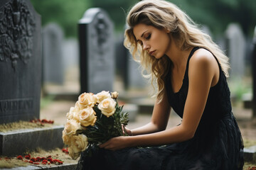 grieving widow with flowers in a cemetery,. 