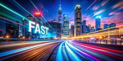 Fototapeta premium Dynamic Night Photography of Mega Fast Moving Text Titles with Vibrant Light Trails and Urban Backdrops for Captivating Visuals and Eye-catching Designs