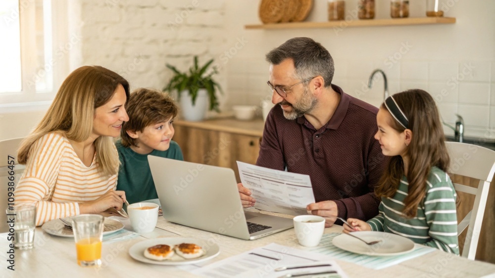 Poster a family sitting around a dining table reviewing tax forms and discussing their deductions with a la
