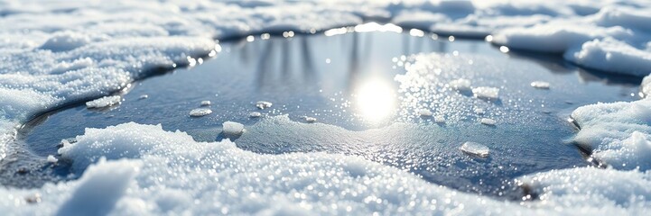 Close-up of a puddle of melted snow reflecting a clear blue sky on a warm spring day, reflective surfaces, calm atmosphere, springtime puddles