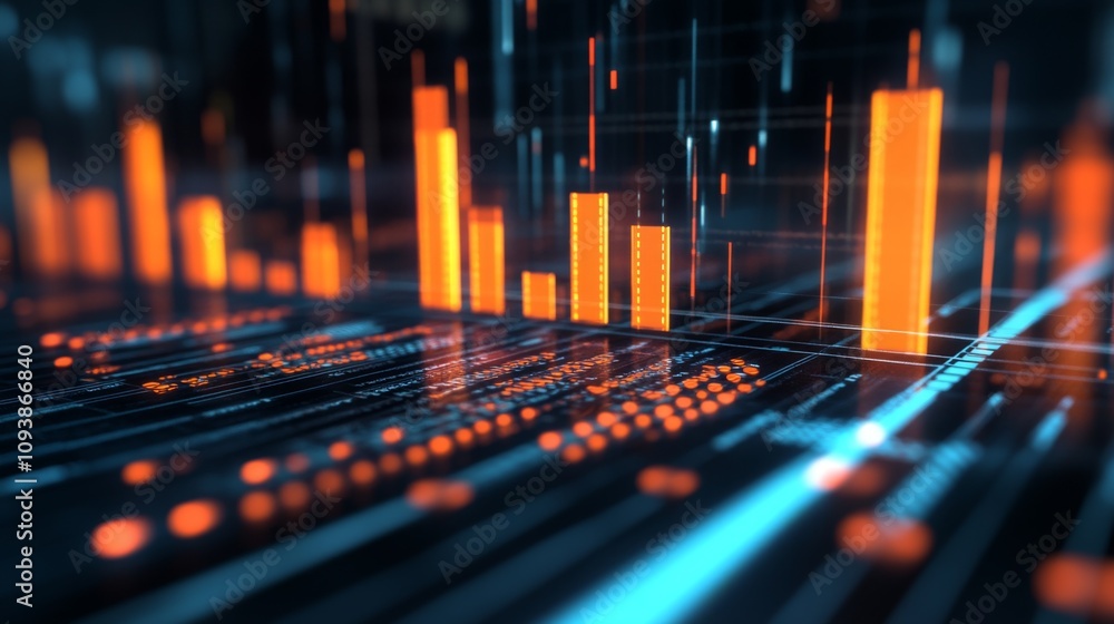 Poster futuristic data visualization with glowing bar graphs and lines representing analytics trends in a h
