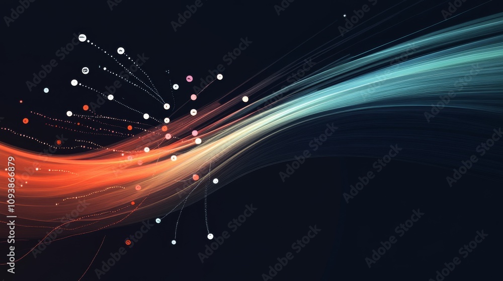 Aufkleber Abstract Colorful Wave with Dynamic Light Trails and Floating Circles Representing Data Flow and Technology Background for Modern Design Projects
