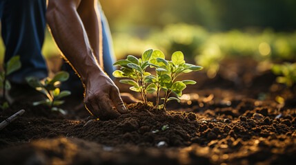 A worker digs black soil in a vegetable garden, a man loosens the dirt in farmland, agriculture and hard work concept.  