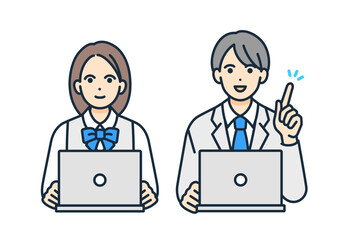 学生服を着た男女がパソコンで学ぶ。勉強する学生のベクターイラストセット。
