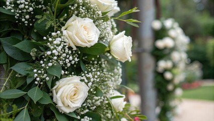 Close-up of lush greenery and baby's breath intertwined with white garden roses, wedding decor, baby's breath, greenery