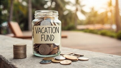 A jar filled with coins and a label Vacation Fund on the table showing the goal of saving for leisure.