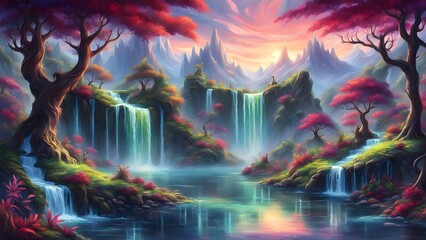 Serene fantasy landscape with waterfalls, vibrant foliage, and majestic mountains at sunset.
