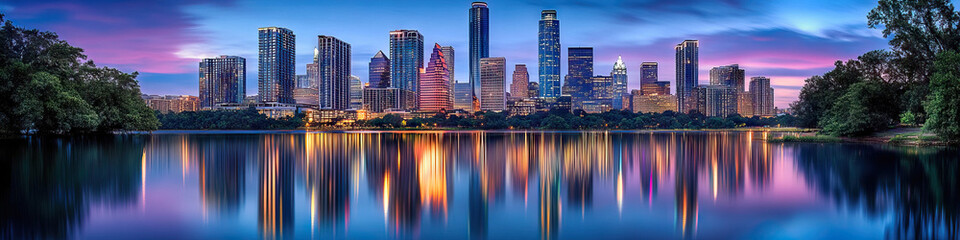 Fototapeta premium A stunning skyline of gleaming skyscrapers, reflecting on a tranquil lake below.