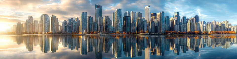 A stunning skyline of gleaming skyscrapers, reflecting on a tranquil lake below.