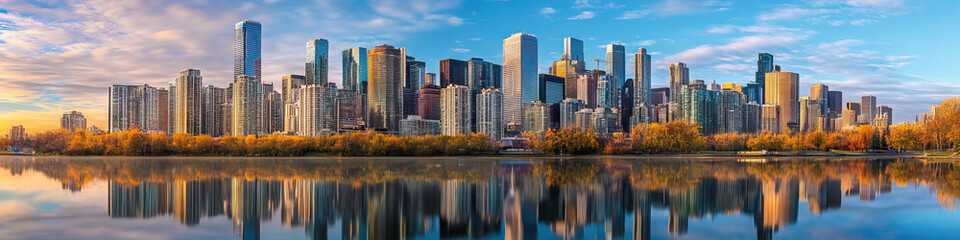Obraz premium A stunning skyline of gleaming skyscrapers, reflecting on a tranquil lake below.