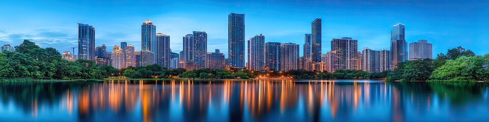 Naklejka premium A stunning skyline of gleaming skyscrapers, reflecting on a tranquil lake below.
