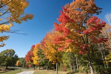 Naklejka premium Colorful maple trees with changing autumn leaves against a clear blue sky, foliage, trees, leaf, red, fall