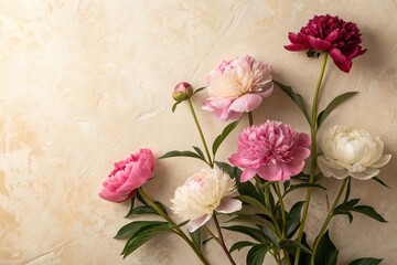 Colorful peony flowers against a seamless beige background with subtle texture, colorful blooms, floral design, textured background