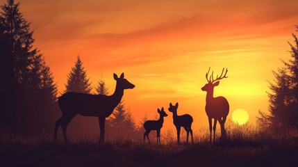 Family of deer stands at the edge of a forest during a stunning sunset in a peaceful natural setting
