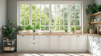 Sunlit kitchen with white cabinets, potted plants, and large window overlooking lush greenery.