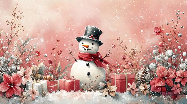 A pink glittery background with a snowman in centered, flowers, and presents in shades of pink, white, and silver, water color style