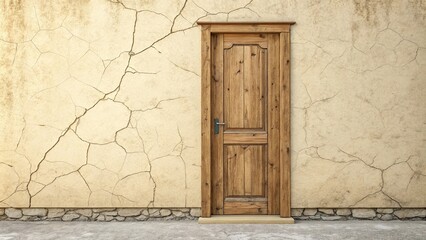 Cracked beige lime plaster background on a wooden door, distressed finishes, old building materials