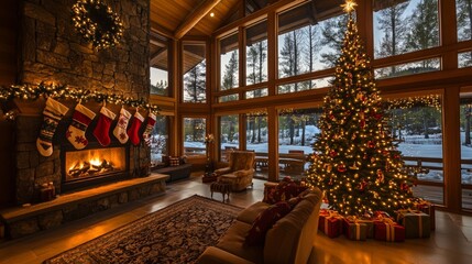 Festive living room adorned with a glowing Christmas tree and stockings by a cozy fireplace during a snowy winter evening
