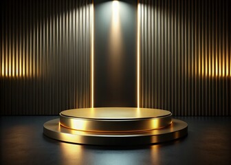 Elegant Empty Luxury Round Podium Illuminated by Golden Light in Dark Room with Black Wall and Floor for Exclusive Product Presentation Showcase