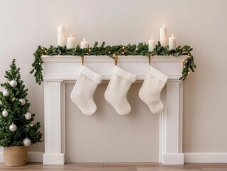 Tiny living room Christmas setup with a single garland over a mantle, candles, and neutral stockings