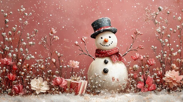 A pink glittery background with a snowman in centered, flowers, and presents in shades of pink, white, and silver, water color style