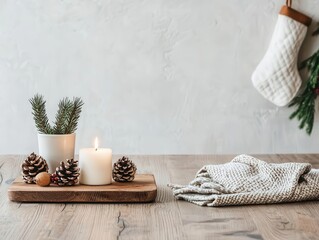 Kitchen island with a simple Christmas centerpiece of pinecones, candles, and a festive dish towel